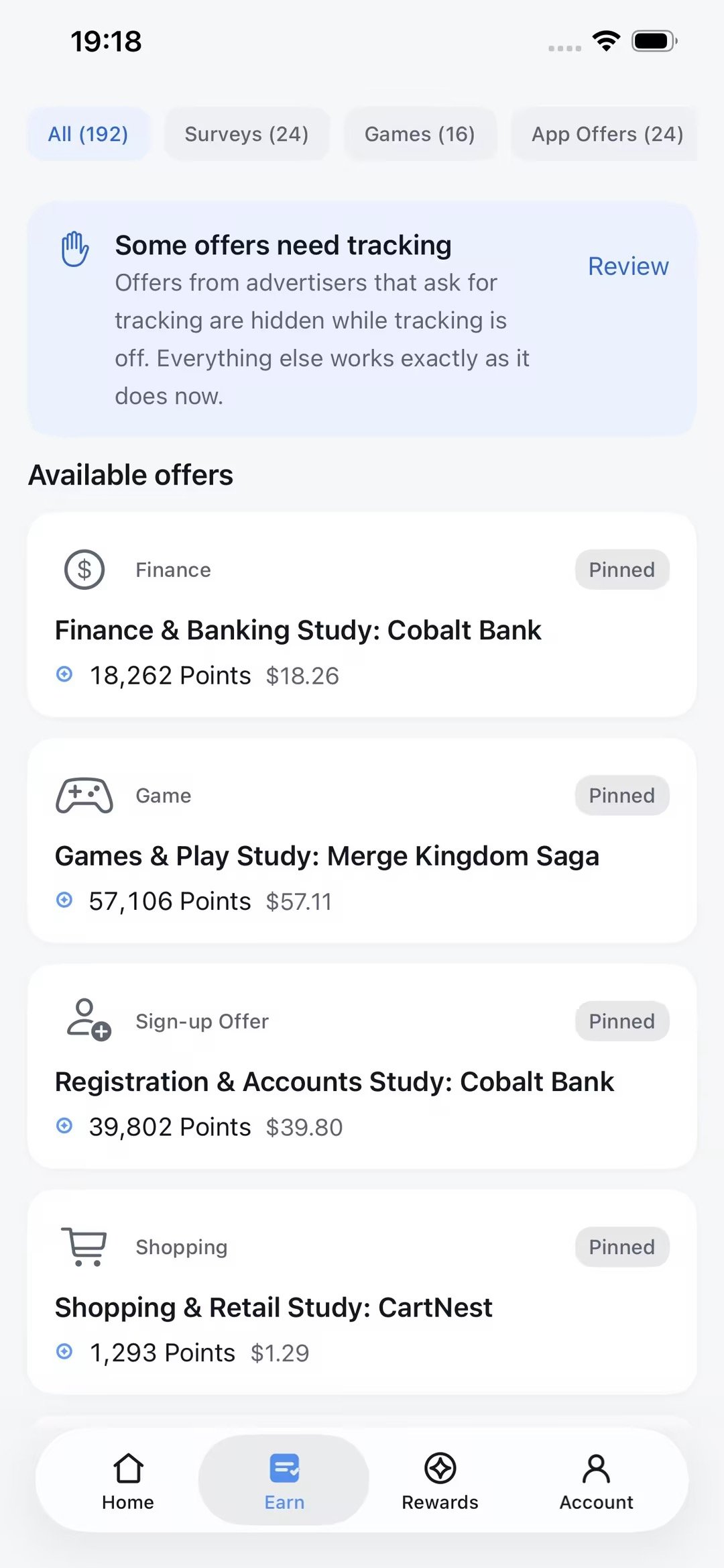 Earn list with a note explaining that some studies need tracking