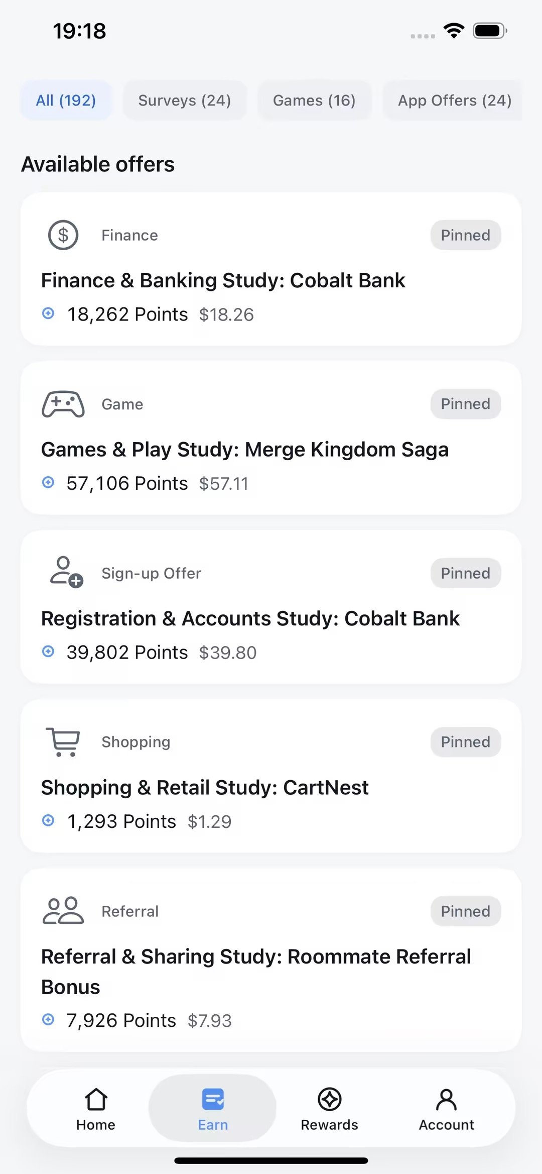The Earn wall listing studies by category with their point values