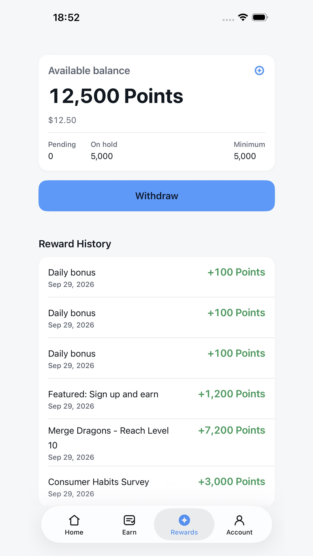 Rewards screen with available balance, pending, on hold and reward history