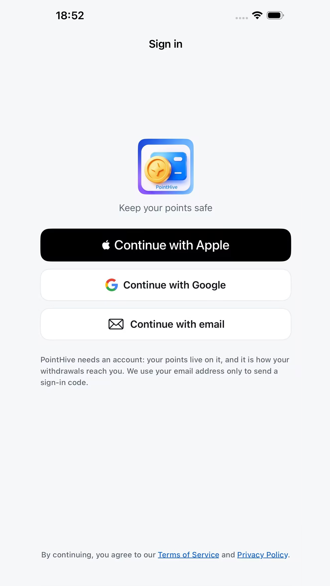 Sign in with Apple, Google, or a one-time email code