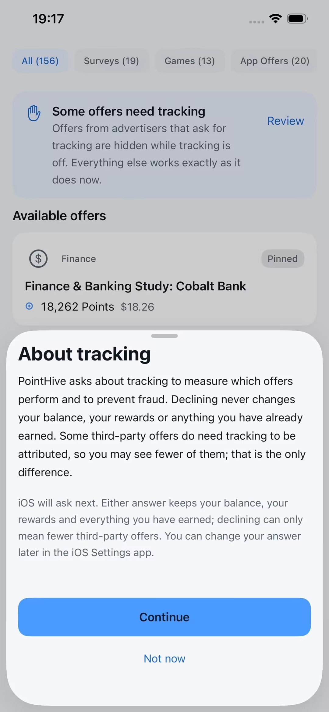 The tracking explanation sheet, with Continue and Not now